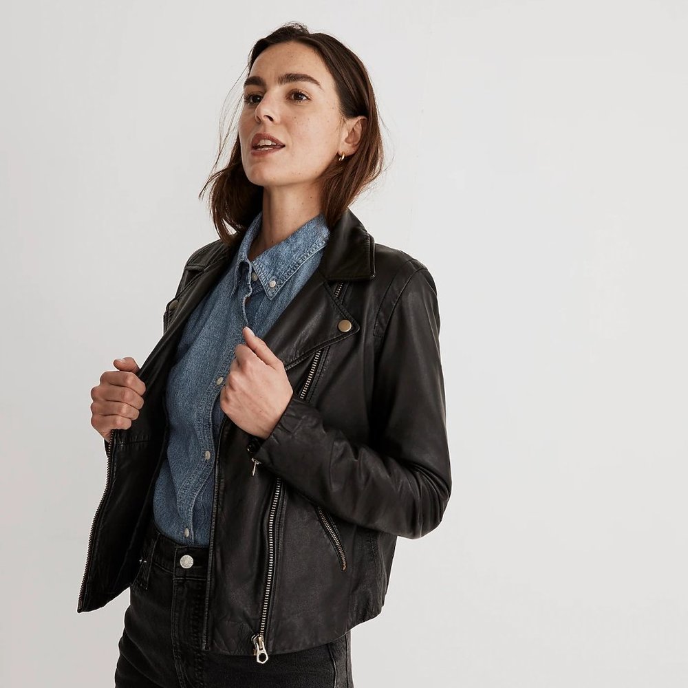 Madewell Washed Leather Motorcycle Jacket: Brass Hardware Edition
